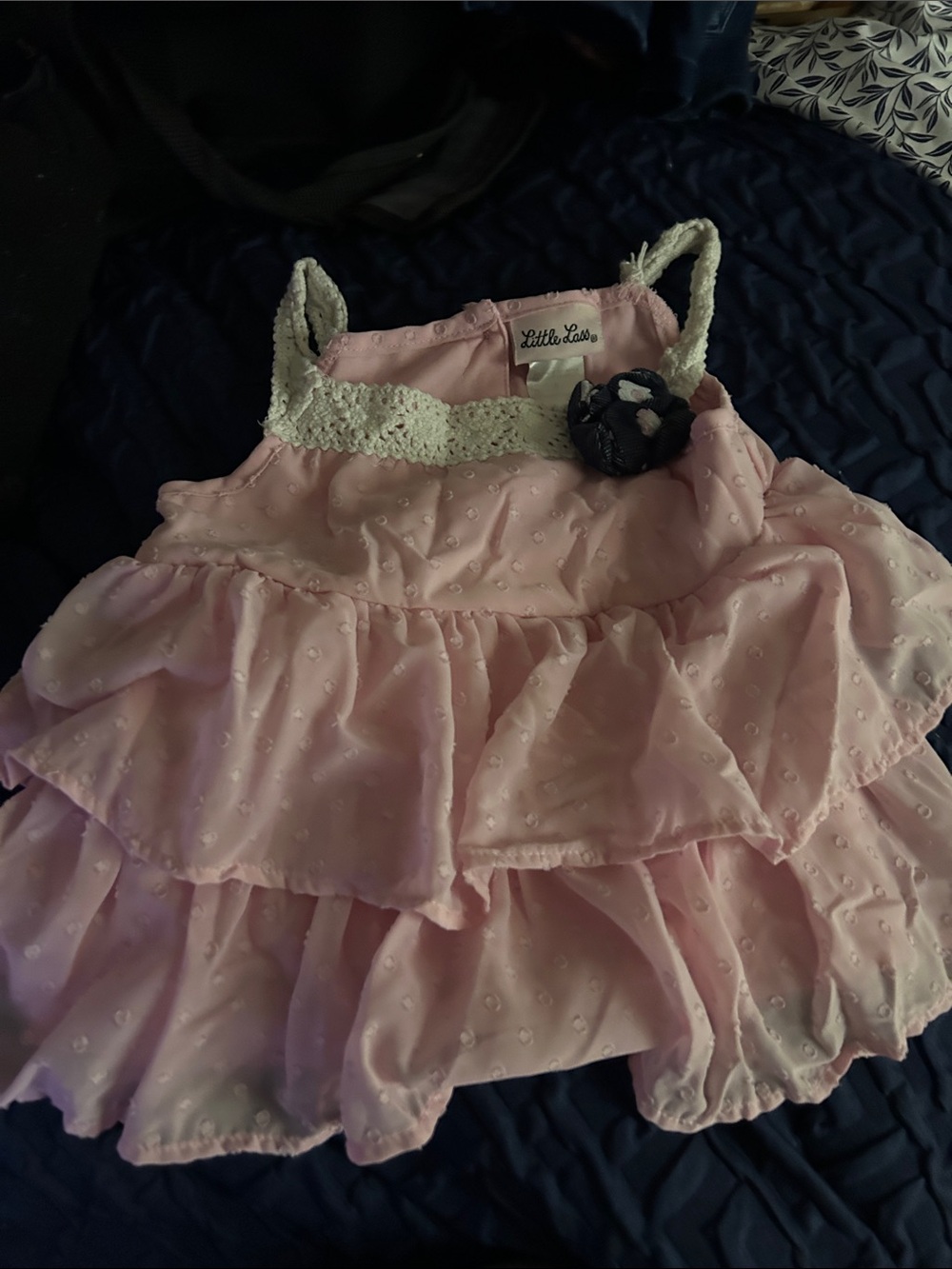 Little Lass Light Pink Tiered Ruffle Dress with Crochet Accent